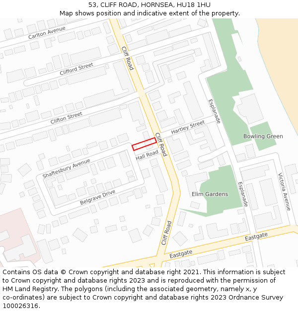 53, CLIFF ROAD, HORNSEA, HU18 1HU: Location map and indicative extent of plot