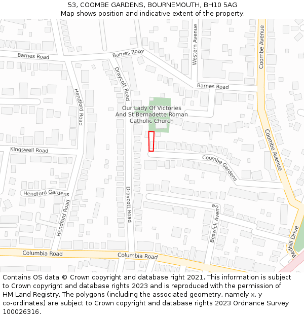 53, COOMBE GARDENS, BOURNEMOUTH, BH10 5AG: Location map and indicative extent of plot