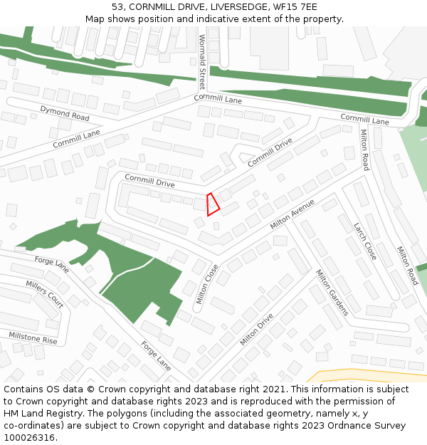 53, CORNMILL DRIVE, LIVERSEDGE, WF15 7EE: Location map and indicative extent of plot