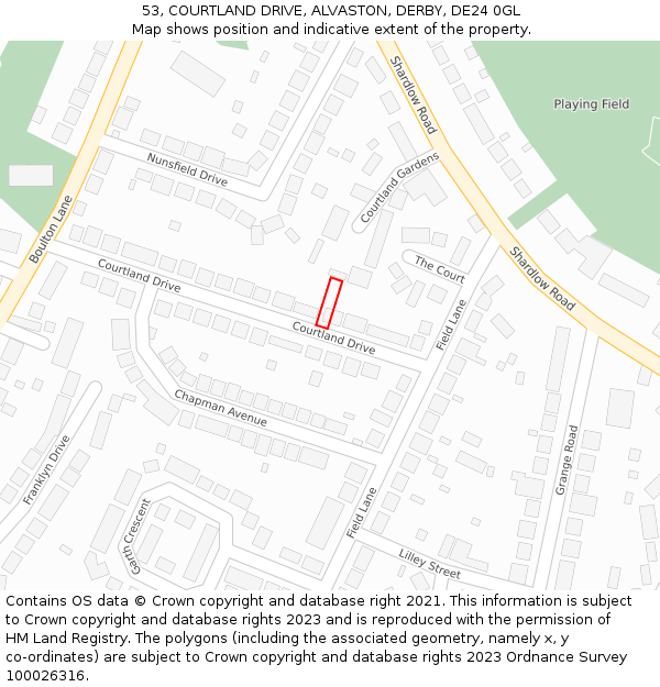 53, COURTLAND DRIVE, ALVASTON, DERBY, DE24 0GL: Location map and indicative extent of plot