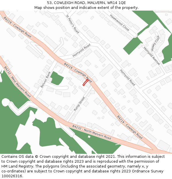 53, COWLEIGH ROAD, MALVERN, WR14 1QE: Location map and indicative extent of plot