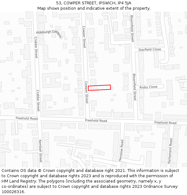53, COWPER STREET, IPSWICH, IP4 5JA: Location map and indicative extent of plot