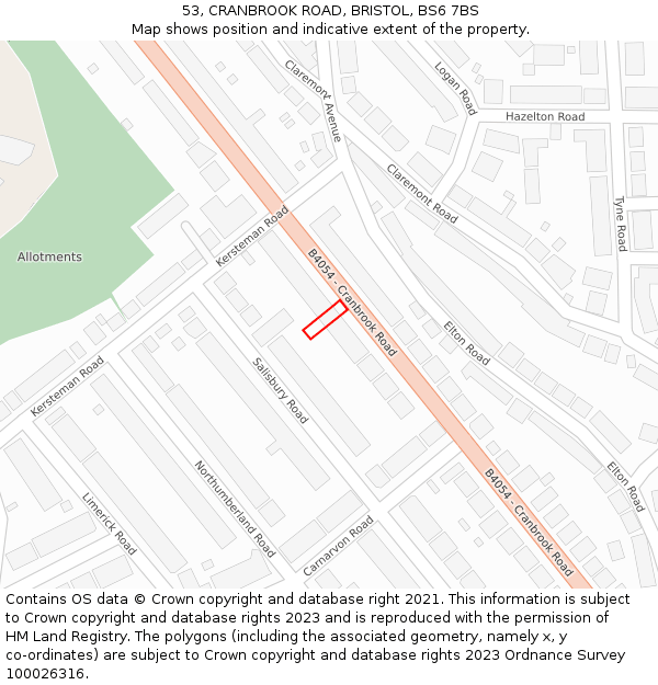 53, CRANBROOK ROAD, BRISTOL, BS6 7BS: Location map and indicative extent of plot