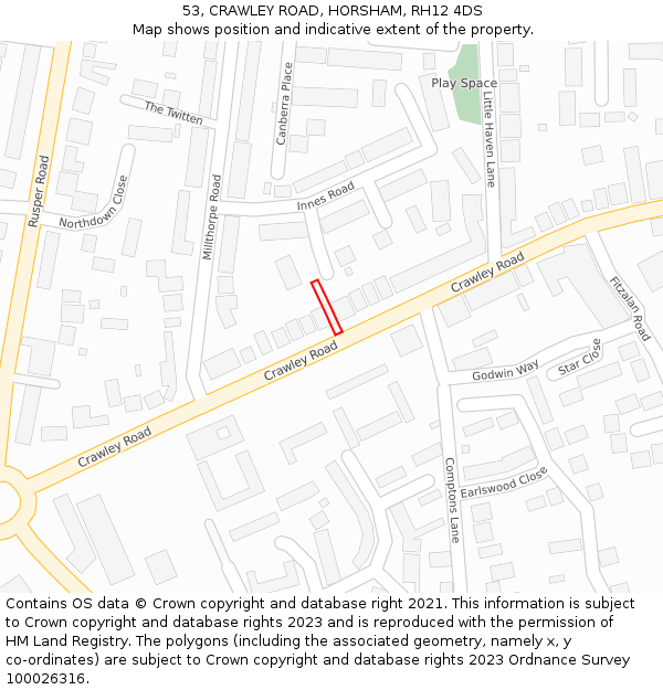53, CRAWLEY ROAD, HORSHAM, RH12 4DS: Location map and indicative extent of plot