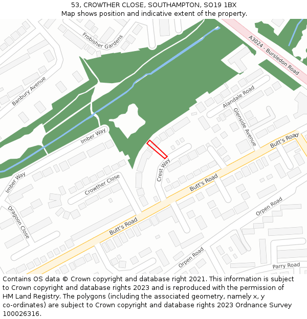 53, CROWTHER CLOSE, SOUTHAMPTON, SO19 1BX: Location map and indicative extent of plot