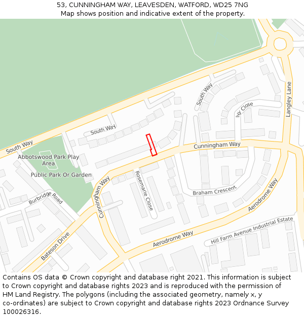 53, CUNNINGHAM WAY, LEAVESDEN, WATFORD, WD25 7NG: Location map and indicative extent of plot