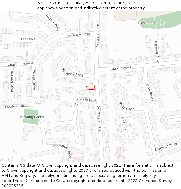 53, DEVONSHIRE DRIVE, MICKLEOVER, DERBY, DE3 9HB: Location map and indicative extent of plot