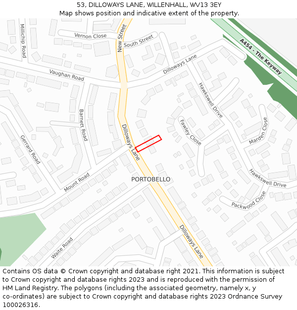 53, DILLOWAYS LANE, WILLENHALL, WV13 3EY: Location map and indicative extent of plot
