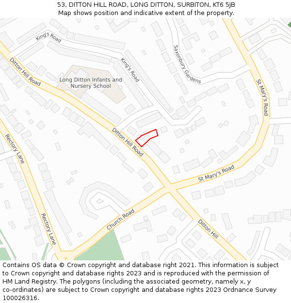 53, DITTON HILL ROAD, LONG DITTON, SURBITON, KT6 5JB: Location map and indicative extent of plot