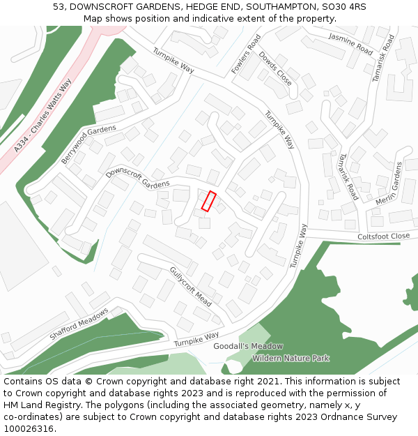 53, DOWNSCROFT GARDENS, HEDGE END, SOUTHAMPTON, SO30 4RS: Location map and indicative extent of plot