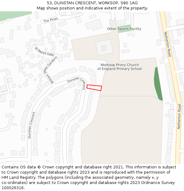 53, DUNSTAN CRESCENT, WORKSOP, S80 1AG: Location map and indicative extent of plot