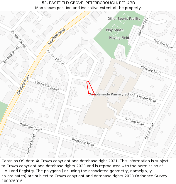 53, EASTFIELD GROVE, PETERBOROUGH, PE1 4BB: Location map and indicative extent of plot
