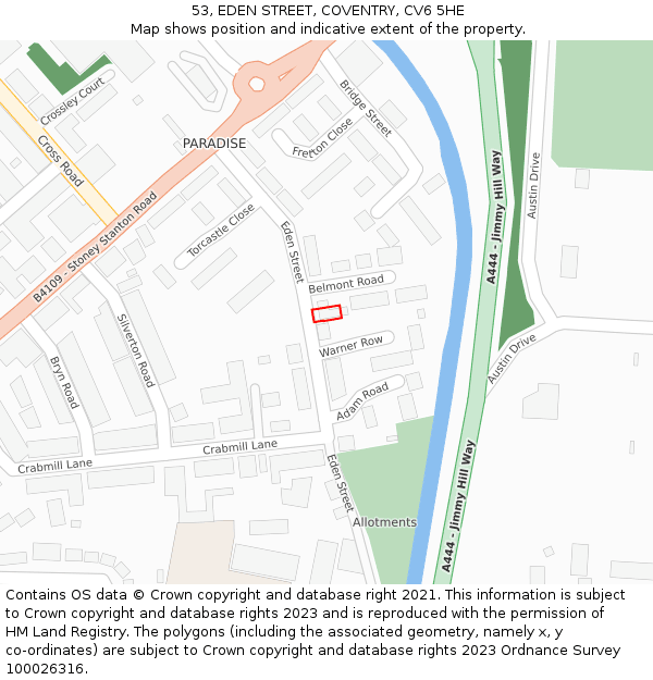 53, EDEN STREET, COVENTRY, CV6 5HE: Location map and indicative extent of plot