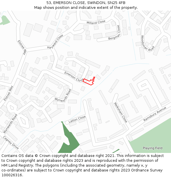 53, EMERSON CLOSE, SWINDON, SN25 4FB: Location map and indicative extent of plot