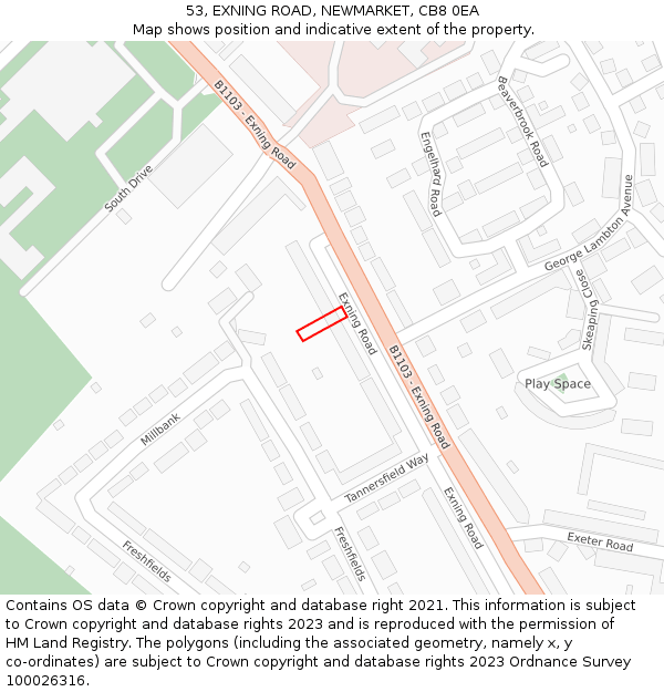 53, EXNING ROAD, NEWMARKET, CB8 0EA: Location map and indicative extent of plot