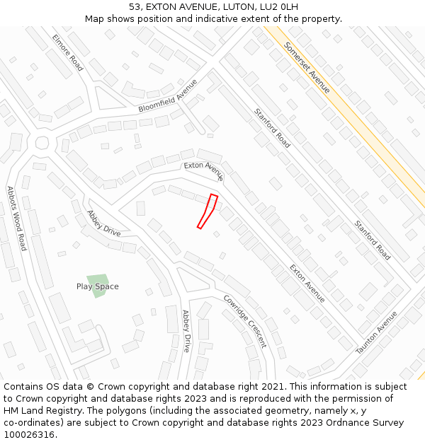 53, EXTON AVENUE, LUTON, LU2 0LH: Location map and indicative extent of plot