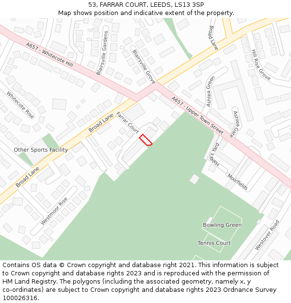 53, FARRAR COURT, LEEDS, LS13 3SP: Location map and indicative extent of plot