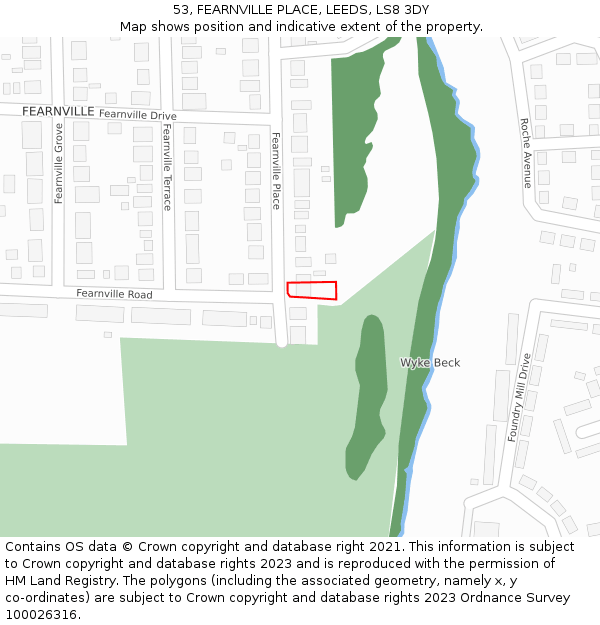 53, FEARNVILLE PLACE, LEEDS, LS8 3DY: Location map and indicative extent of plot