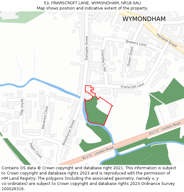 53, FRIARSCROFT LANE, WYMONDHAM, NR18 0AU: Location map and indicative extent of plot