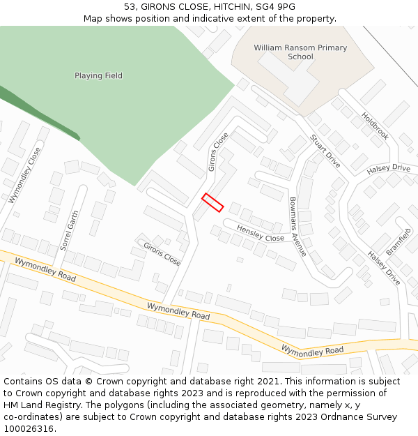 53, GIRONS CLOSE, HITCHIN, SG4 9PG: Location map and indicative extent of plot