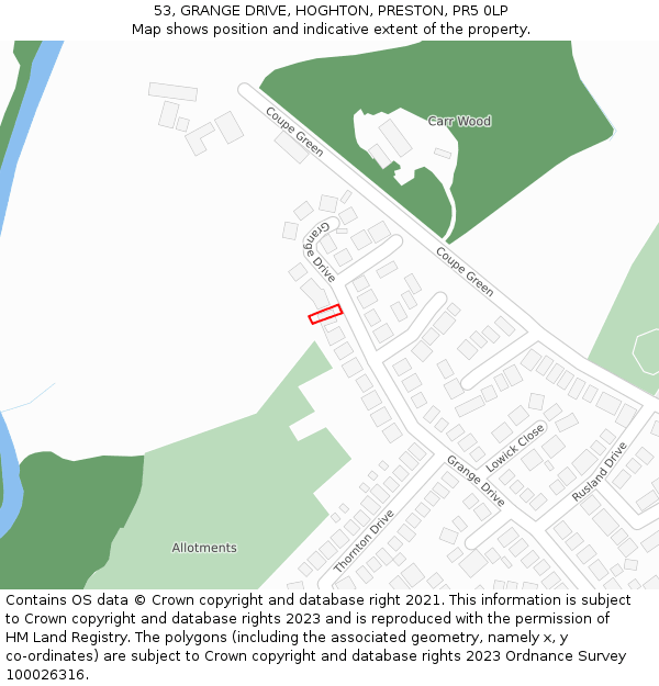 53, GRANGE DRIVE, HOGHTON, PRESTON, PR5 0LP: Location map and indicative extent of plot
