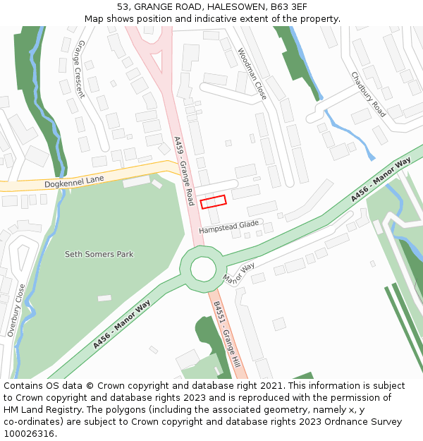 53, GRANGE ROAD, HALESOWEN, B63 3EF: Location map and indicative extent of plot