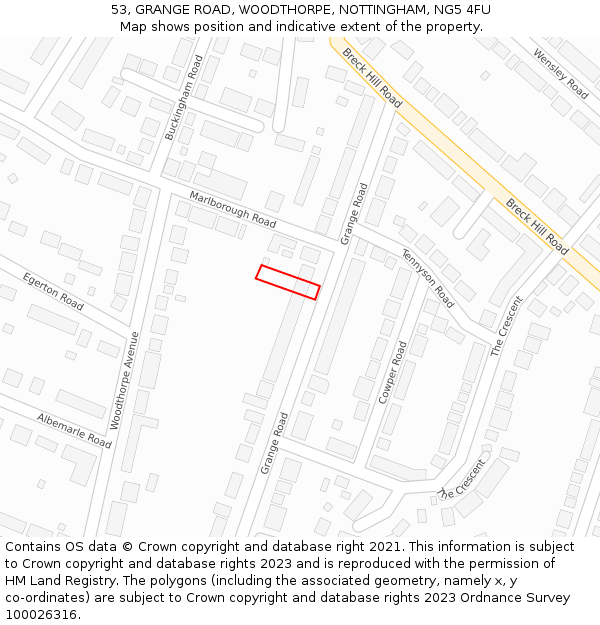 53, GRANGE ROAD, WOODTHORPE, NOTTINGHAM, NG5 4FU: Location map and indicative extent of plot