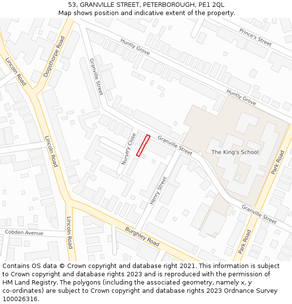 53, GRANVILLE STREET, PETERBOROUGH, PE1 2QL: Location map and indicative extent of plot