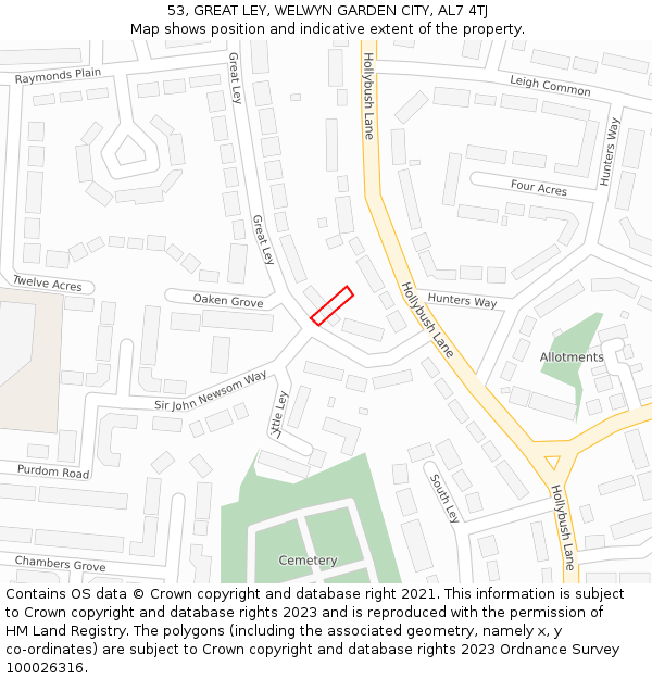 53, GREAT LEY, WELWYN GARDEN CITY, AL7 4TJ: Location map and indicative extent of plot