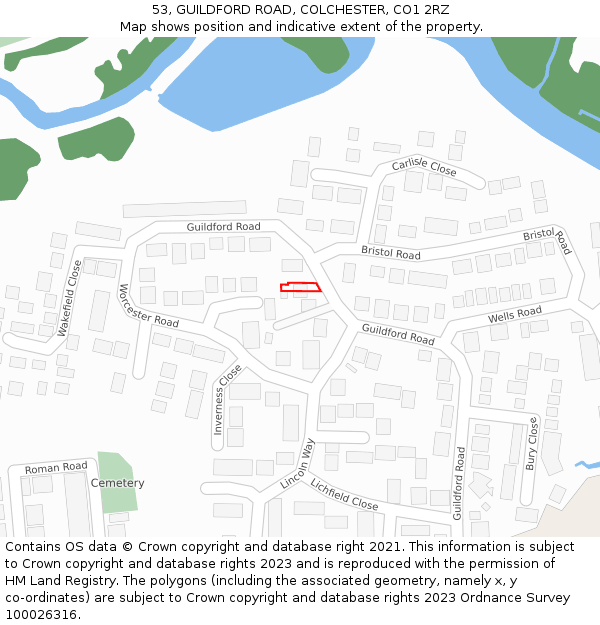 53, GUILDFORD ROAD, COLCHESTER, CO1 2RZ: Location map and indicative extent of plot