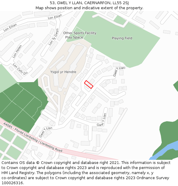 53, GWEL Y LLAN, CAERNARFON, LL55 2SJ: Location map and indicative extent of plot