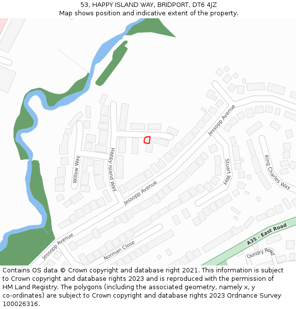 53, HAPPY ISLAND WAY, BRIDPORT, DT6 4JZ: Location map and indicative extent of plot