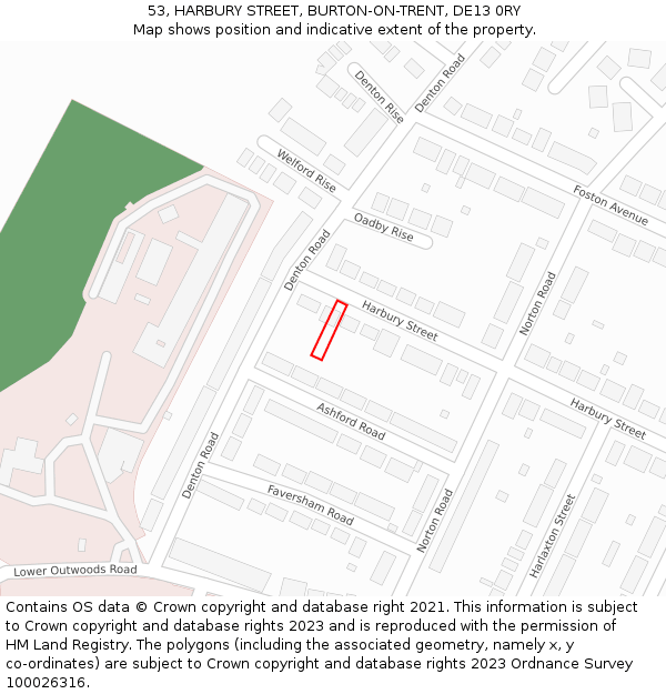 53, HARBURY STREET, BURTON-ON-TRENT, DE13 0RY: Location map and indicative extent of plot