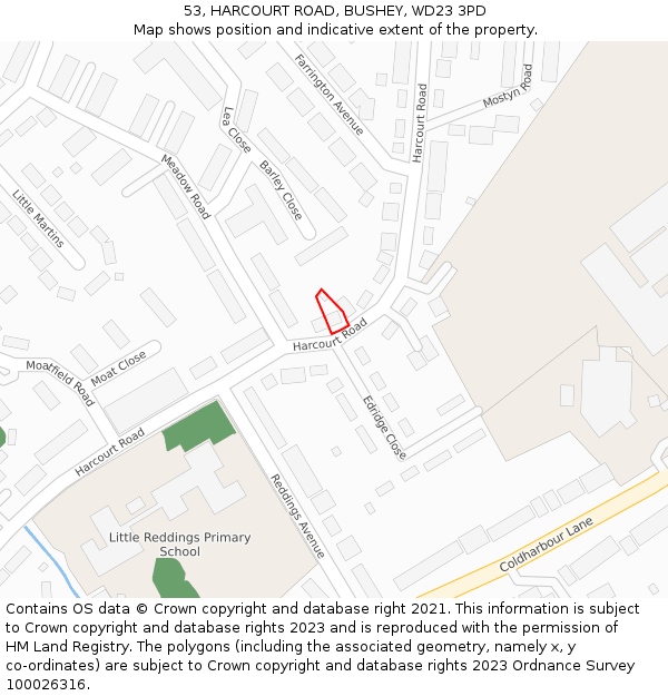 53, HARCOURT ROAD, BUSHEY, WD23 3PD: Location map and indicative extent of plot