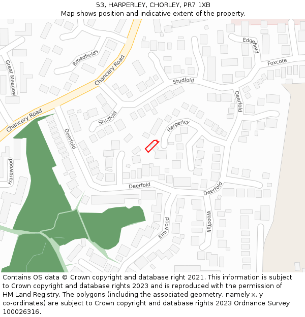 53, HARPERLEY, CHORLEY, PR7 1XB: Location map and indicative extent of plot