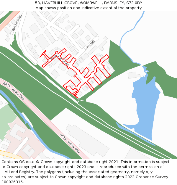 53, HAVERHILL GROVE, WOMBWELL, BARNSLEY, S73 0DY: Location map and indicative extent of plot