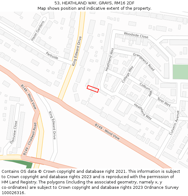 53, HEATHLAND WAY, GRAYS, RM16 2DF: Location map and indicative extent of plot