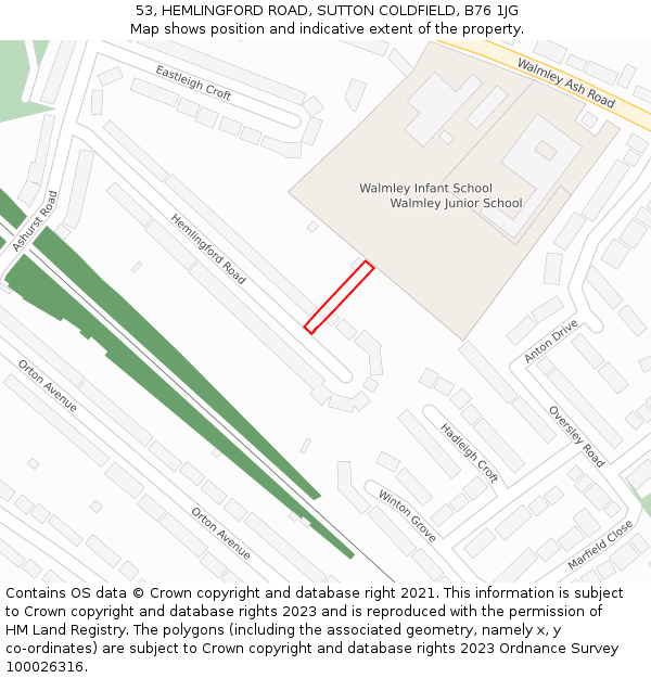53, HEMLINGFORD ROAD, SUTTON COLDFIELD, B76 1JG: Location map and indicative extent of plot