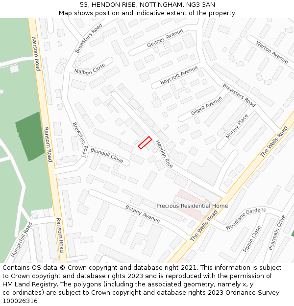 53, HENDON RISE, NOTTINGHAM, NG3 3AN: Location map and indicative extent of plot