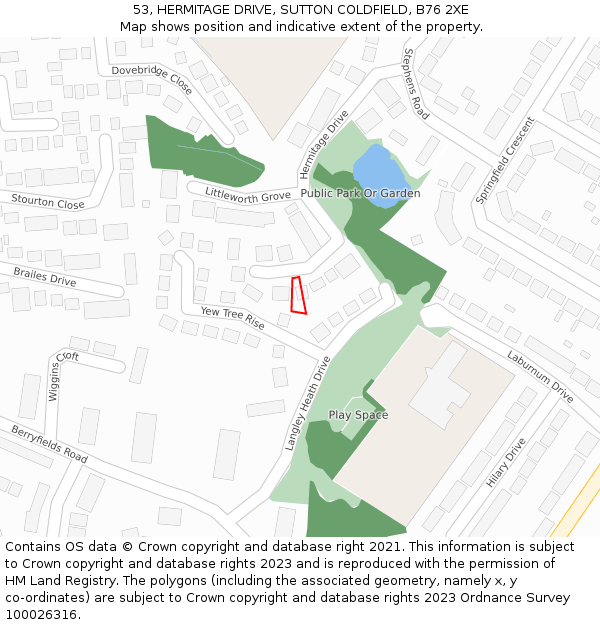 53, HERMITAGE DRIVE, SUTTON COLDFIELD, B76 2XE: Location map and indicative extent of plot