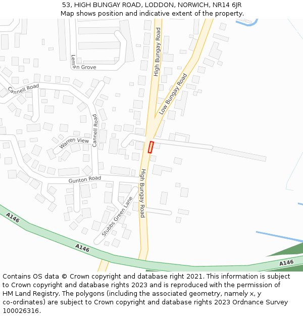 53, HIGH BUNGAY ROAD, LODDON, NORWICH, NR14 6JR: Location map and indicative extent of plot