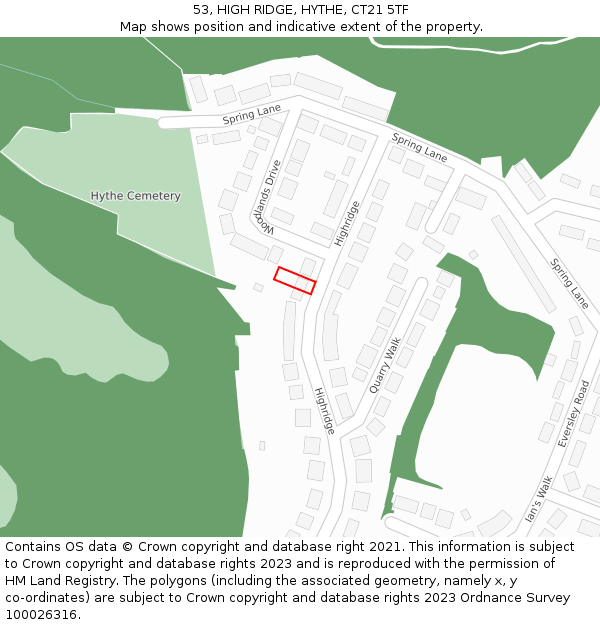 53, HIGH RIDGE, HYTHE, CT21 5TF: Location map and indicative extent of plot