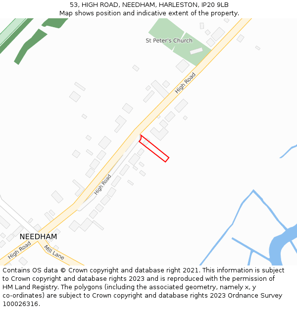 53, HIGH ROAD, NEEDHAM, HARLESTON, IP20 9LB: Location map and indicative extent of plot