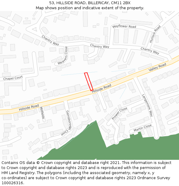 53, HILLSIDE ROAD, BILLERICAY, CM11 2BX: Location map and indicative extent of plot