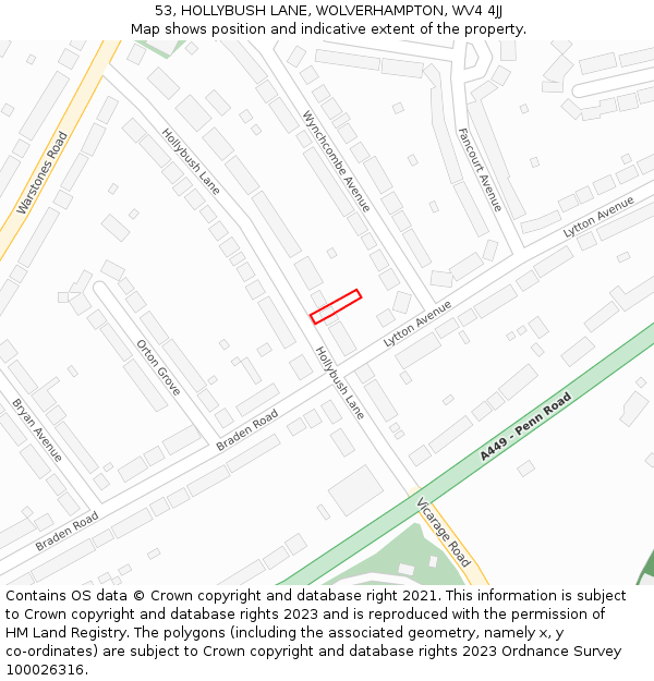 53, HOLLYBUSH LANE, WOLVERHAMPTON, WV4 4JJ: Location map and indicative extent of plot
