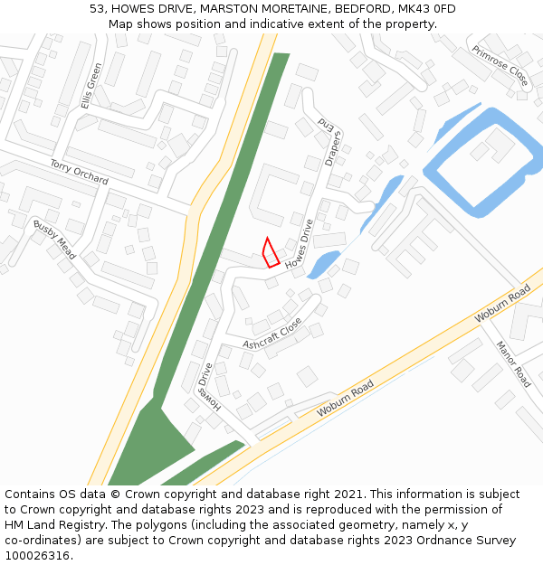 53, HOWES DRIVE, MARSTON MORETAINE, BEDFORD, MK43 0FD: Location map and indicative extent of plot