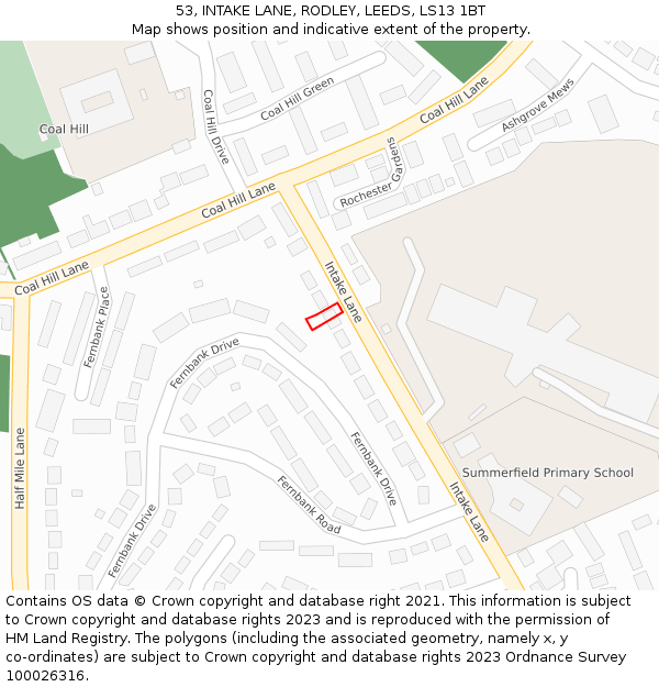 53, INTAKE LANE, RODLEY, LEEDS, LS13 1BT: Location map and indicative extent of plot
