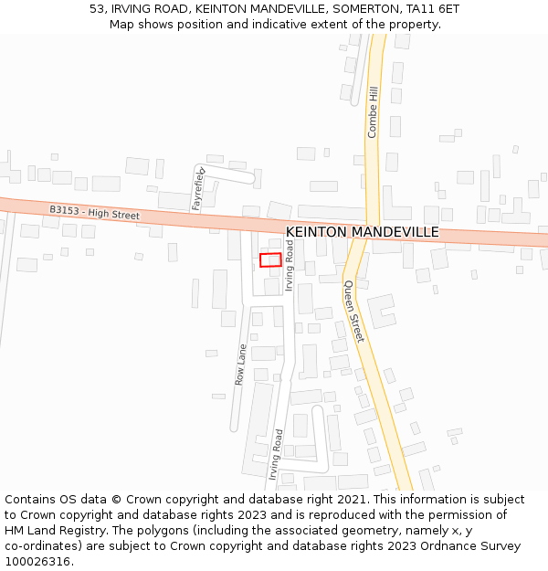 53, IRVING ROAD, KEINTON MANDEVILLE, SOMERTON, TA11 6ET: Location map and indicative extent of plot