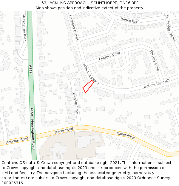 53, JACKLINS APPROACH, SCUNTHORPE, DN16 3PF: Location map and indicative extent of plot