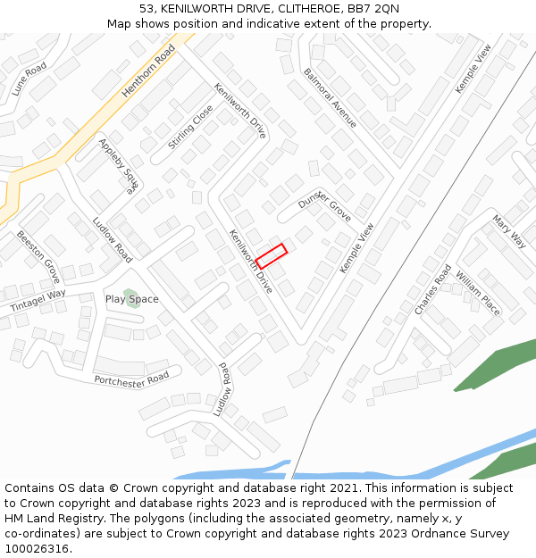 53, KENILWORTH DRIVE, CLITHEROE, BB7 2QN: Location map and indicative extent of plot